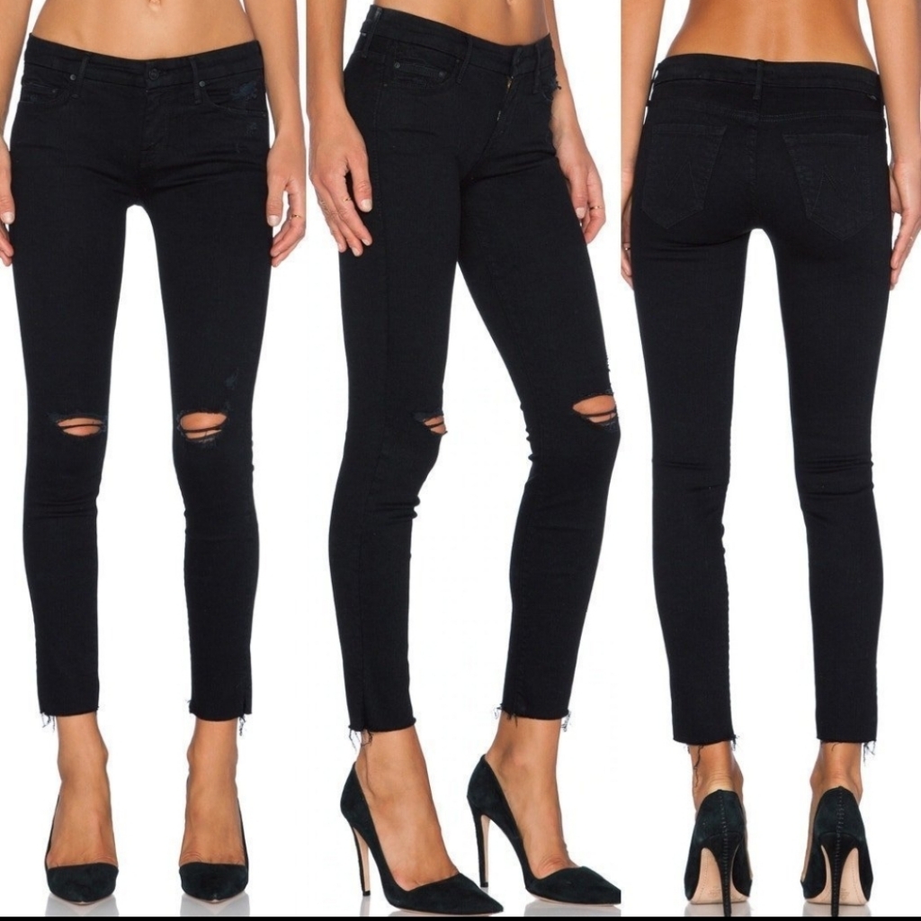 Mother Looker Ankle Fray Distressed Low-Rise Black Jeans